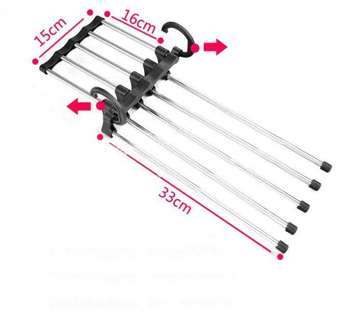 Versatile 5-in-1 stainless steel clothing rack with dual-hook system for organised wardrobe