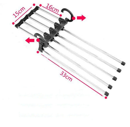 Versatile 5-in-1 stainless steel clothing rack with dual-hook system for organised wardrobe
