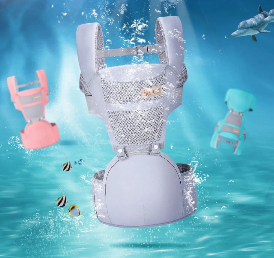 Multifunctional baby carrier waist stool in pink, gray, and blue for comfortable child sitting