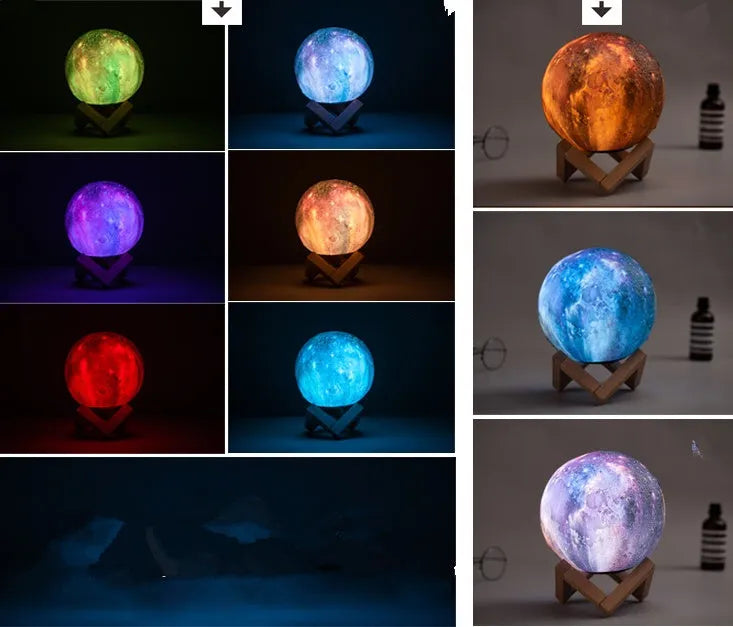 3D printed white lunar sphere night light glowing with soft yellow light on a dark surface.