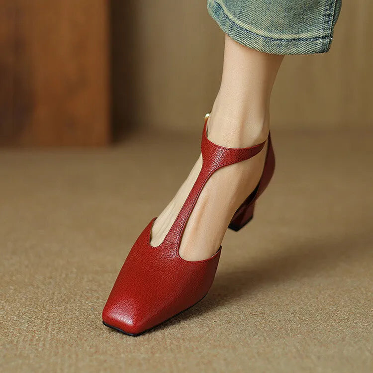 Wine red sheepskin leather shoes with square toe, chunky heel, and buckle fastening