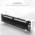 Black 12-port unshielded network distribution frame with hook bracket and accessories on a white background.