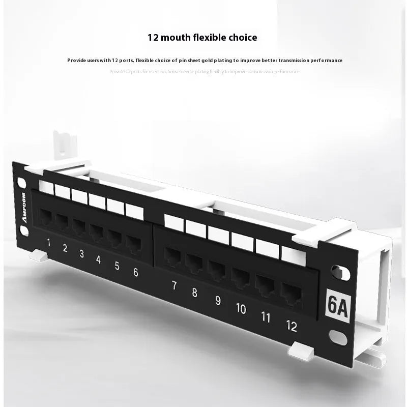 Black 12-port unshielded network distribution frame with hook bracket and accessories on a white background.