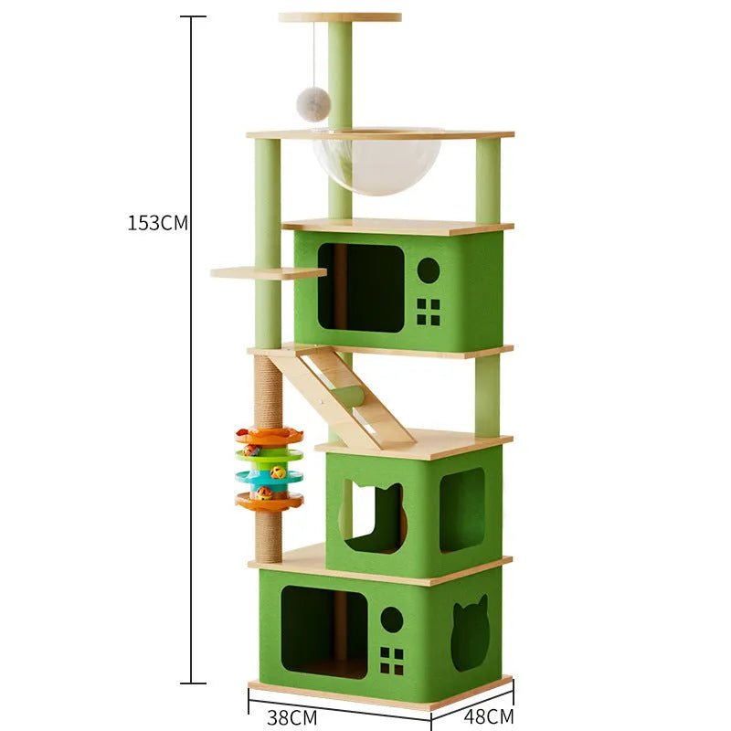 Plush cat climbing frame with nest and scratch board in indoor setting