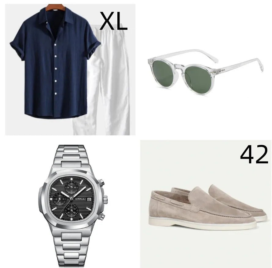 Casual loose navy blue cotton linen short sleeve suit with trousers, glasses, shoes, and watch on a mannequin