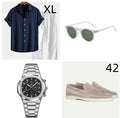 Casual loose navy blue cotton linen short sleeve suit with trousers, glasses, shoes, and watch on a mannequin