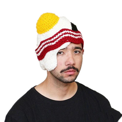 Hand-knitted egg hat in white, perfect for winter warmth and party costumes