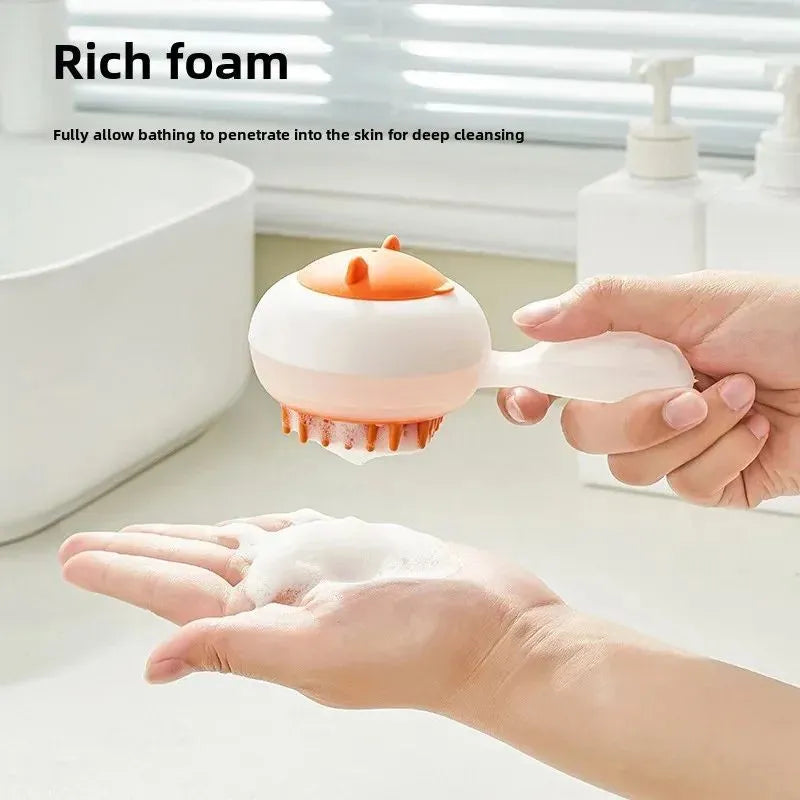 Automatic cleaning pet bath brush with soft gel massage bristles in blue and orange colour options