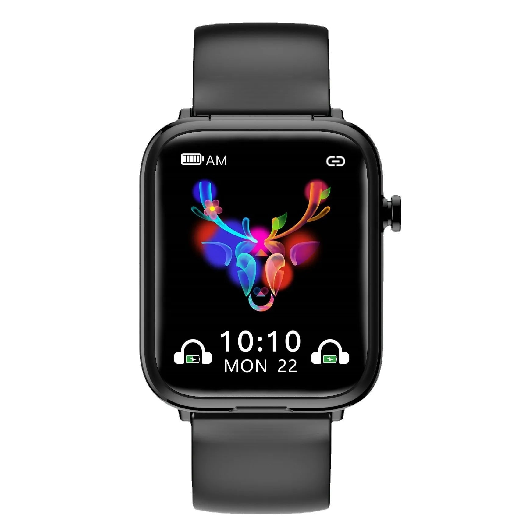 Black zinc alloy smartwatch with 1.69-inch touch screen and integrated wireless Bluetooth earpieces in charging case.