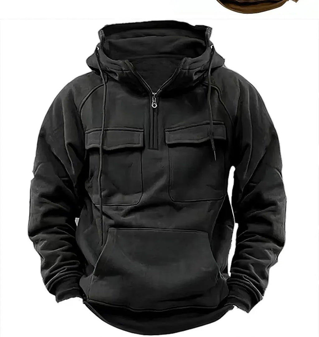 Men's zip-up hoodie sweatshirt with drawstring hood and side pockets in black