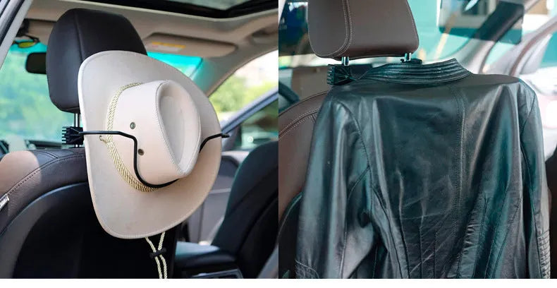 Black metal snap-on hat bracket mounted on a car rearview mirror