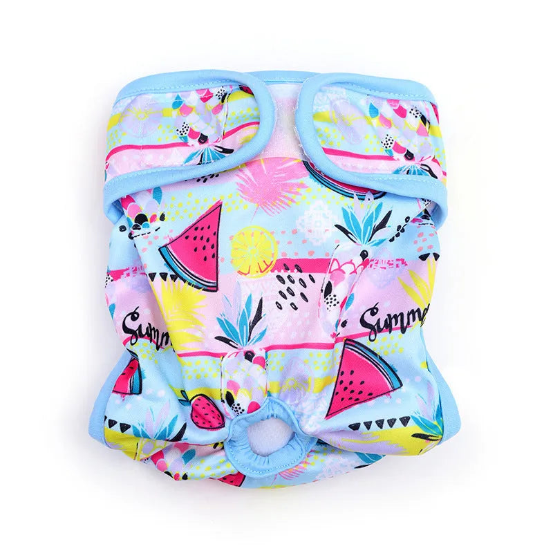 Cloth dog menstrual panties with colourful cartoon prints, available in multiple sizes and colours for heat-cycle protection