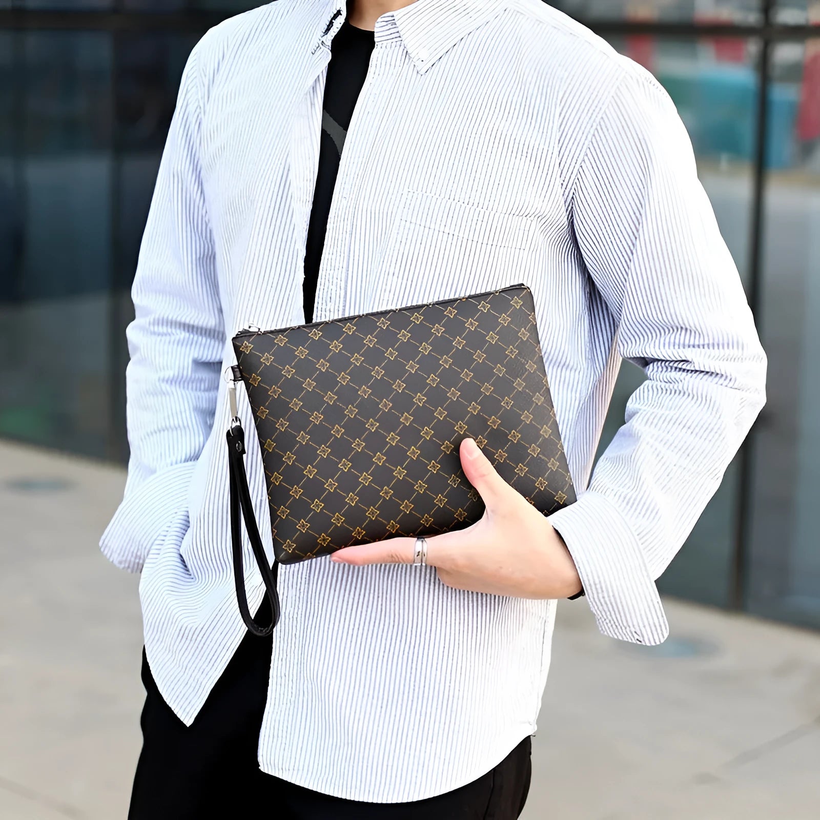 Men's clutch bag in gingham check pattern with soft PU leather, horizontal square shape, and shoulder strap