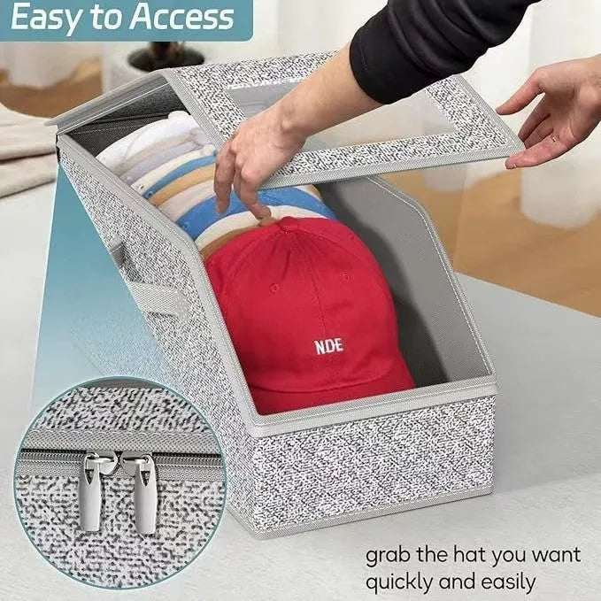 Grey foldable woven fabric storage box for baseball caps and shoes, shown with dimensions 42cm by 22cm by 17cm.