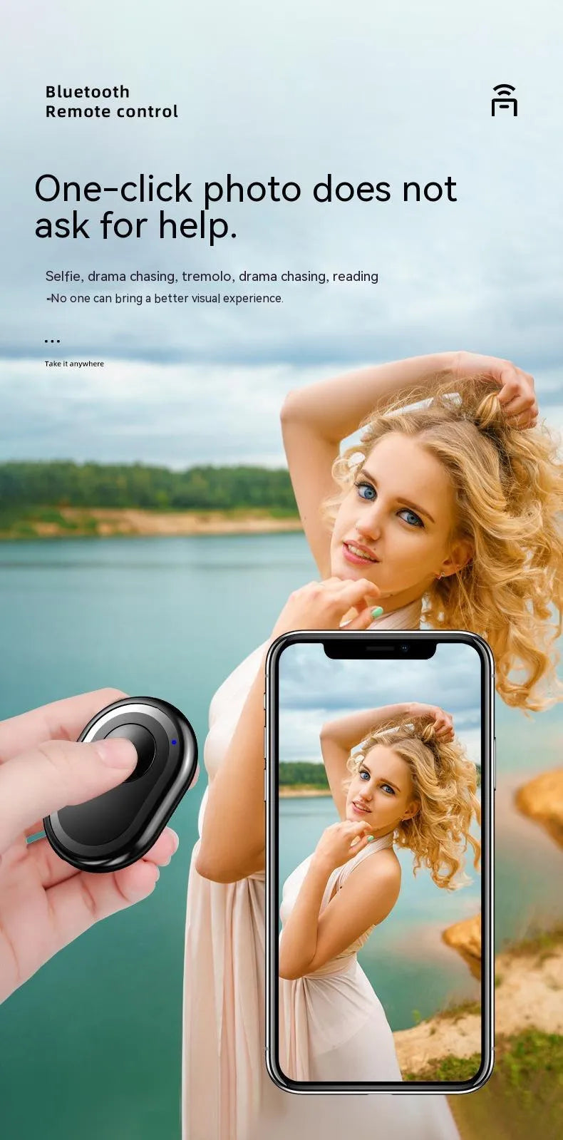 Wireless Bluetooth camera remote control in black, pink and purple colours