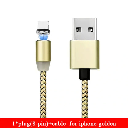 YBD 1m black magnetic LED charging cable with three-in-one plugs for iPhone and Android, showing N52 magnet connection