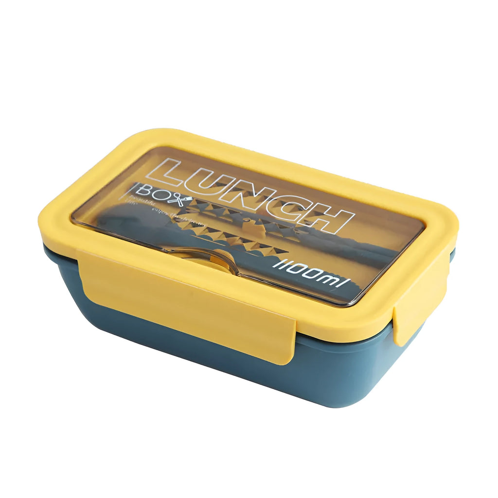 Green four-layer partitioned bento lunch box showing separate food compartments