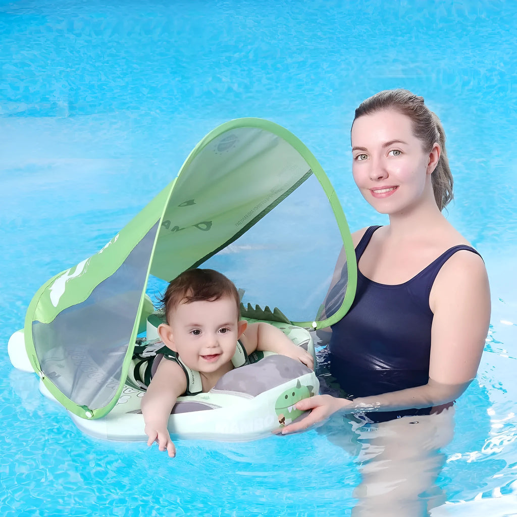Green dinosaur baby inflatable swimming ring with sun shade for children
