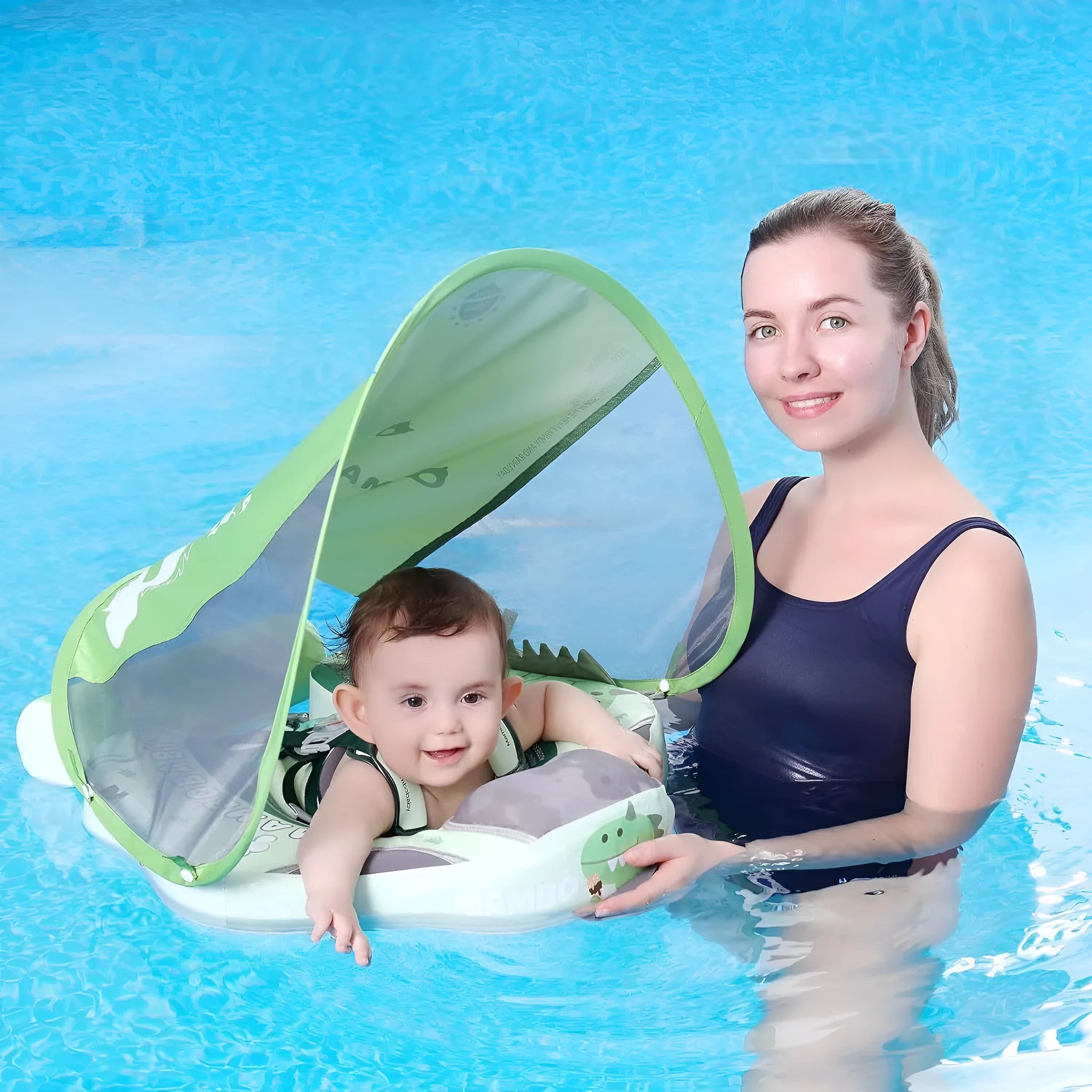 Green dinosaur baby inflatable swimming ring with sun shade for children