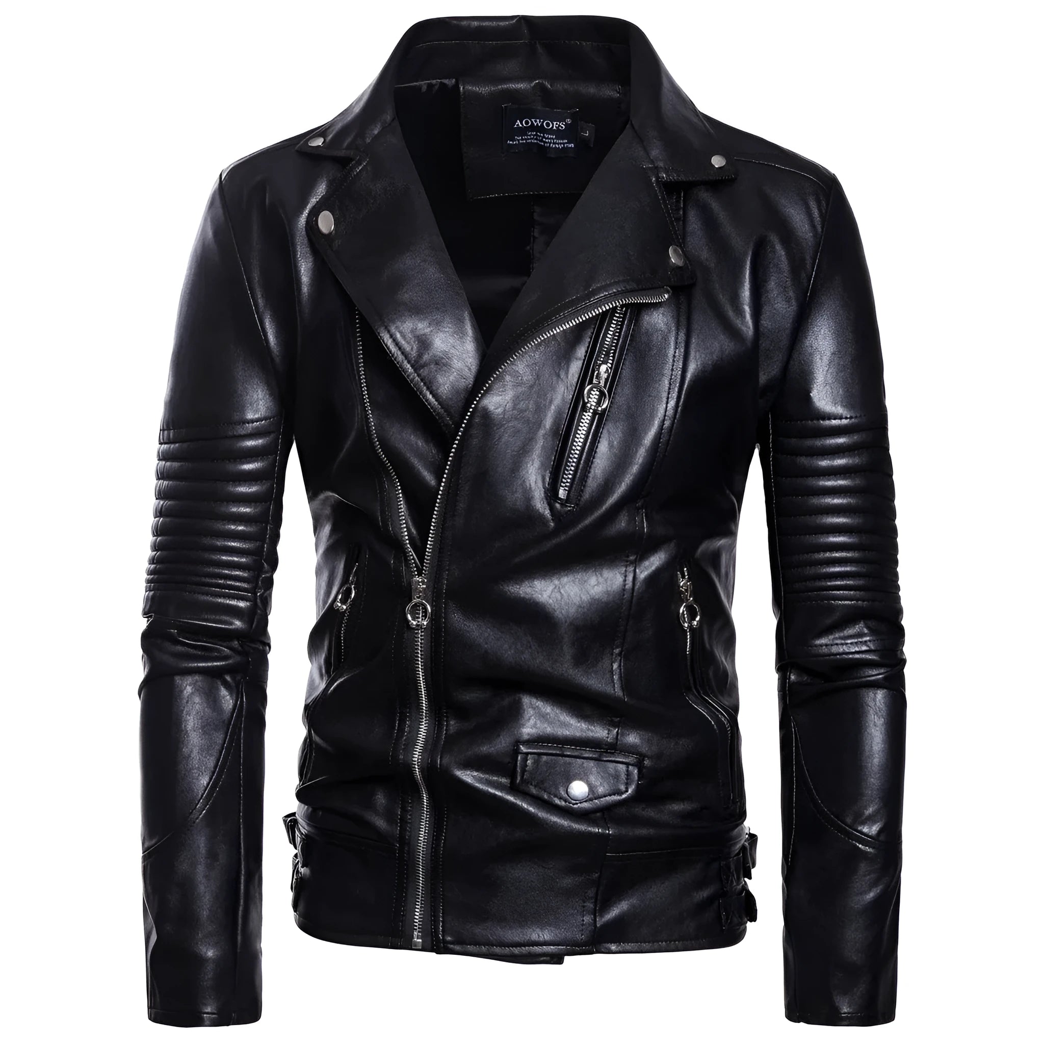 Men's black sheepskin leather jacket with suit collar and front zipper, fit-style edition for daily wear