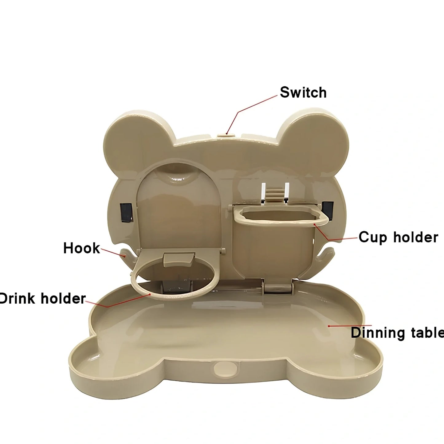 White child car seat table with 20x23.5cm surface and side hooks mounted on vehicle seat