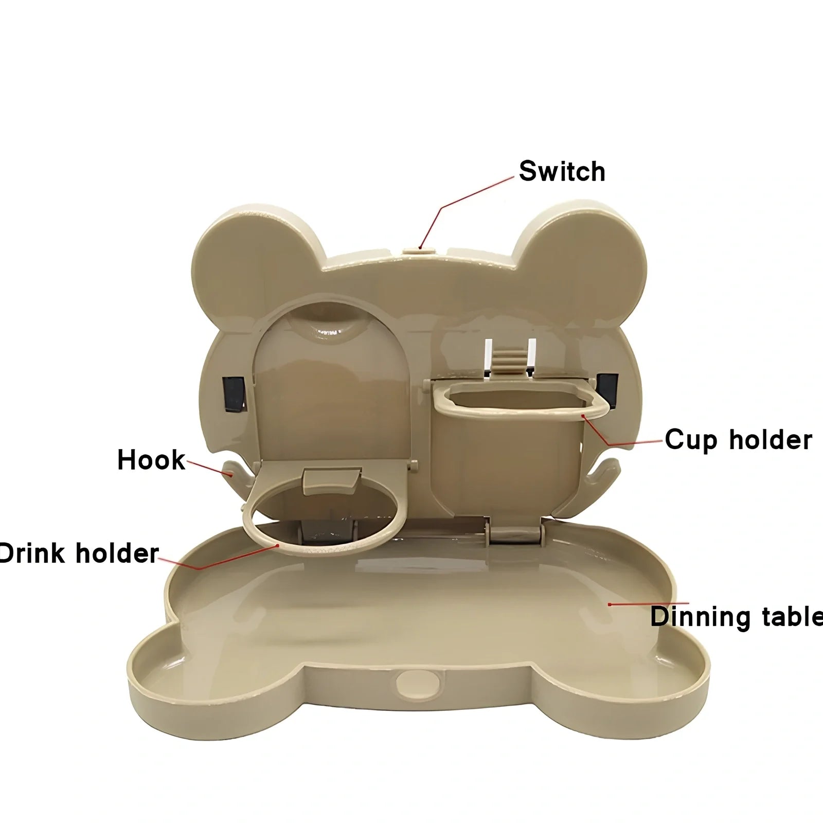 White child car seat table with 20x23.5cm surface and side hooks mounted on vehicle seat