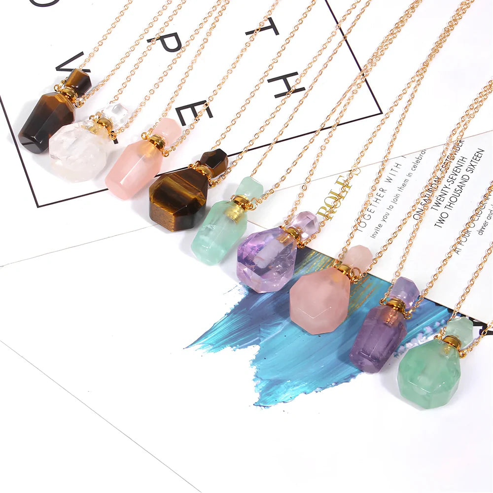 Crystal perfume bottle pendant necklace with tiger eye cap on 45 cm silver chain, 4 cm size in FI0636 colour variant