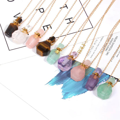 Crystal perfume bottle pendant necklace with tiger eye cap on 45 cm silver chain, 4 cm size in FI0636 colour variant