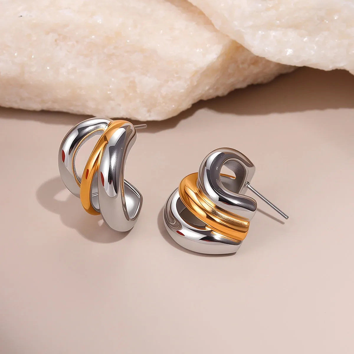Stainless steel geometric earrings with 18K electroplating, gold and silver colour matching, round ring line design for women