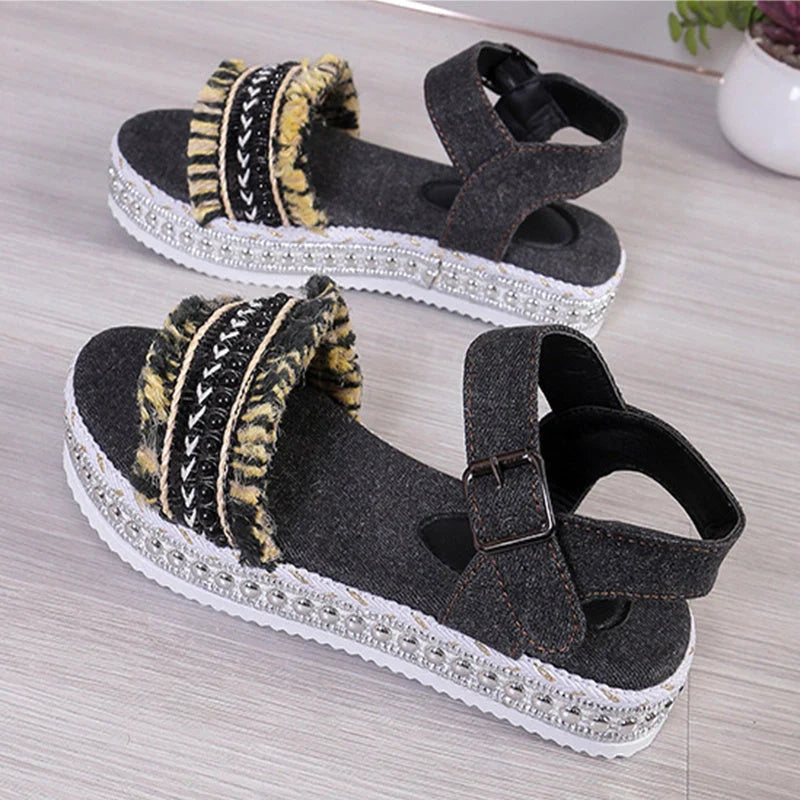 Women's denim tassel sandals with thick flat sole and hemp rope design