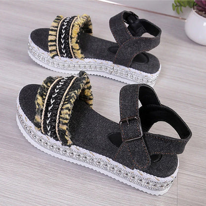 Women's denim tassel sandals with thick flat sole and hemp rope design