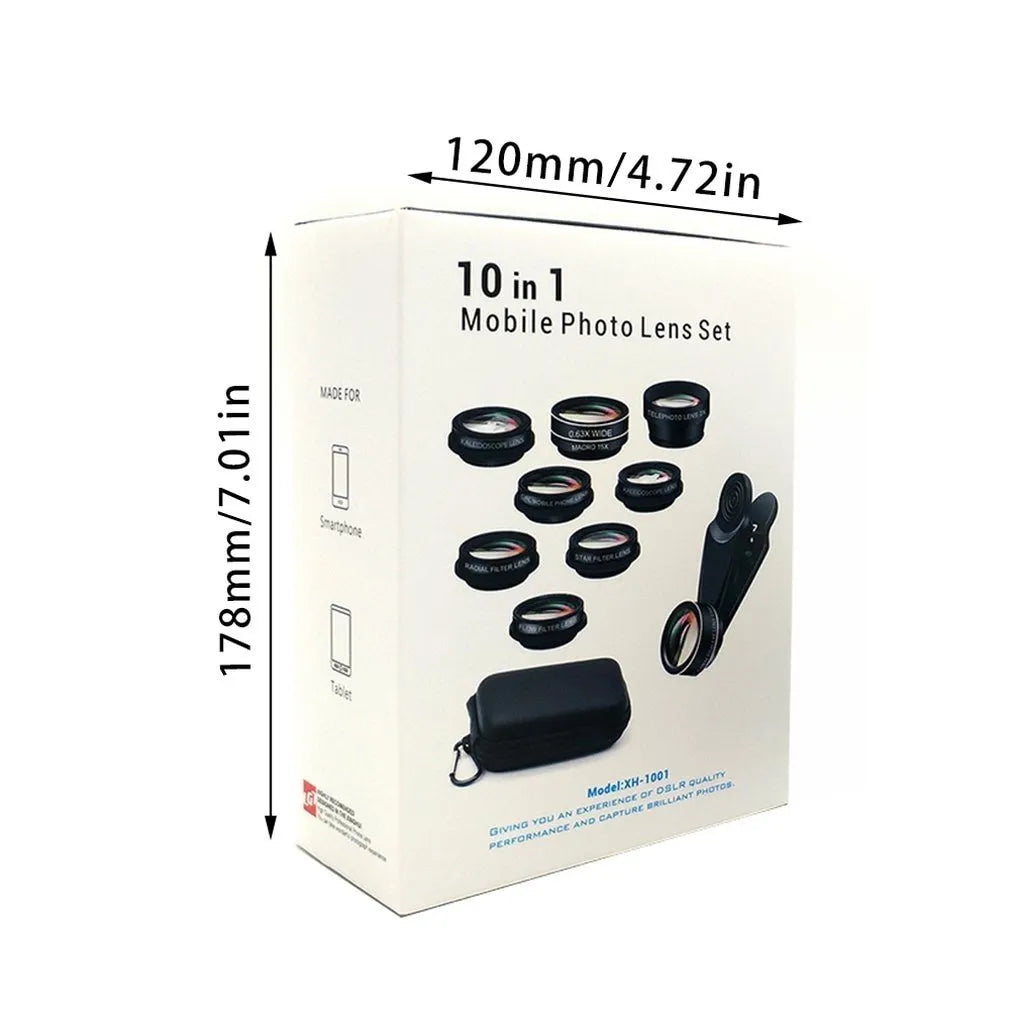 Black 10-in-1 mobile phone camera lens kit with fisheye macro and wide angle attachments