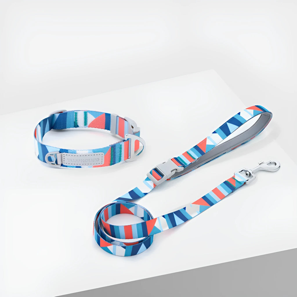Blue nylon dog traction belt with 120cm lead on a white background, size M