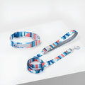 Blue nylon dog traction belt with 120cm lead on a white background, size M
