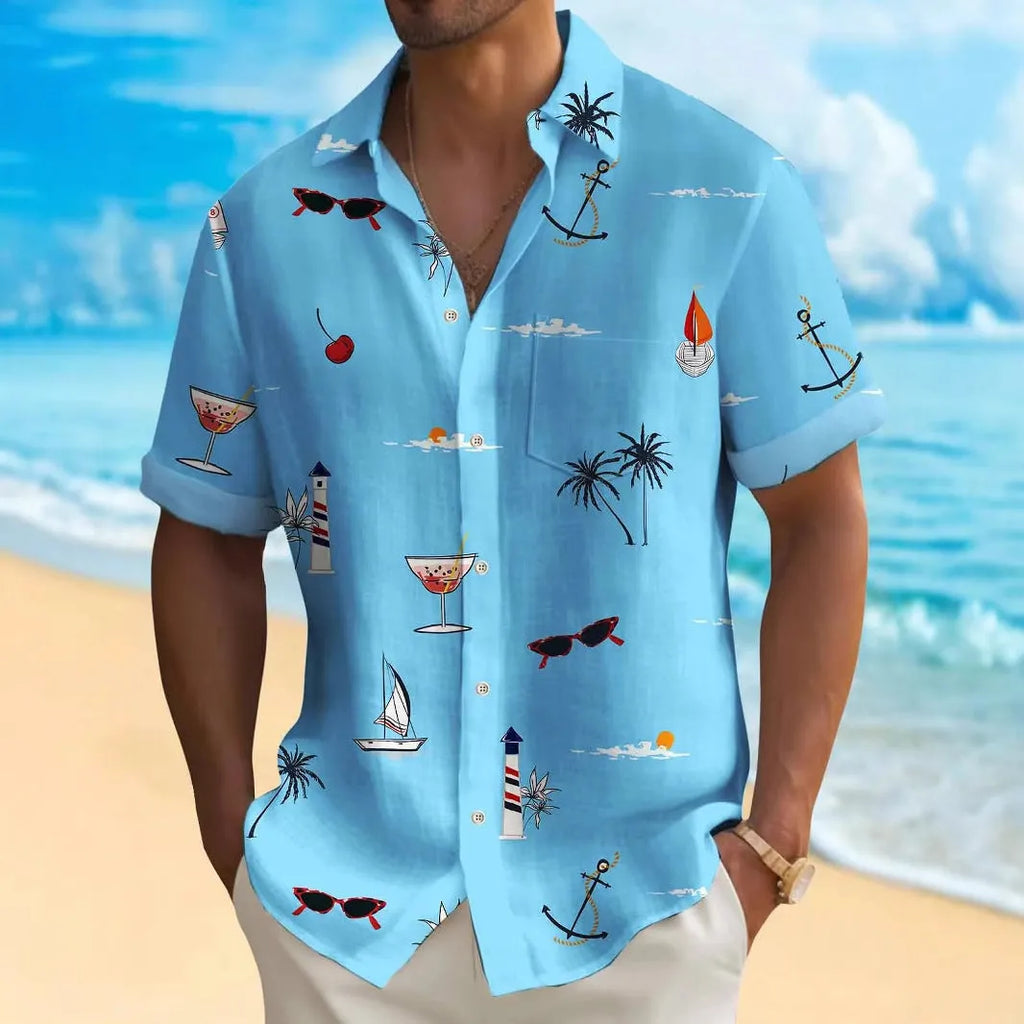Men's loose-fit Hawaiian short-sleeve shirt in a solid colour with digital printing.