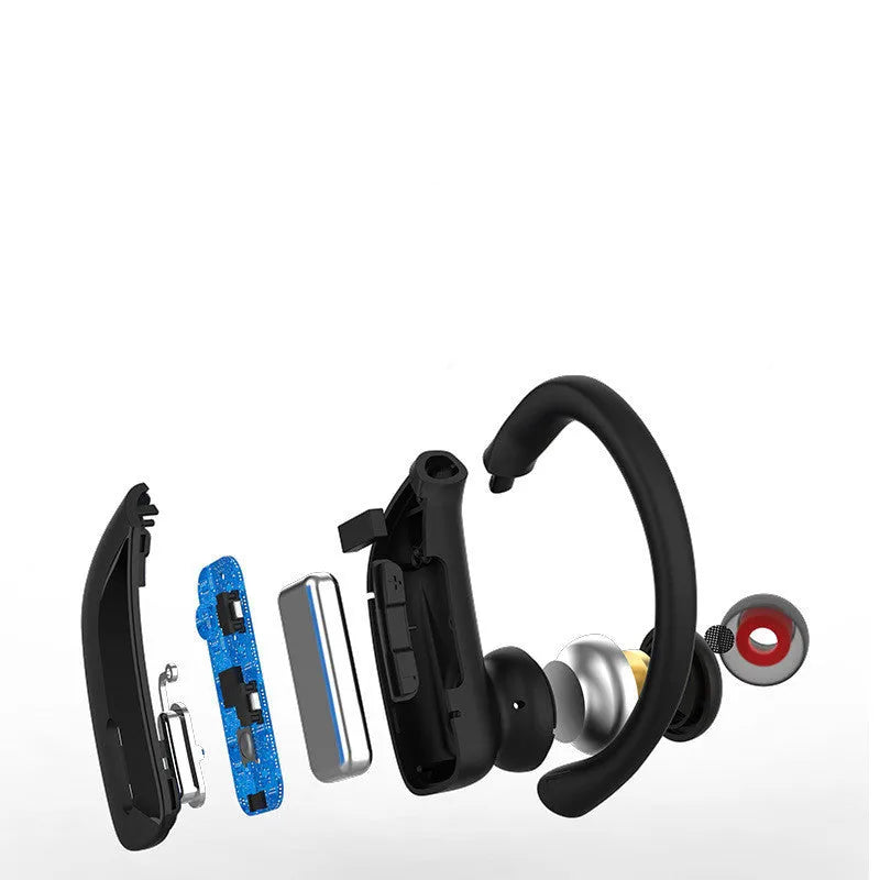 Black wireless Bluetooth headset with LED digital display on a hanging ear hook.