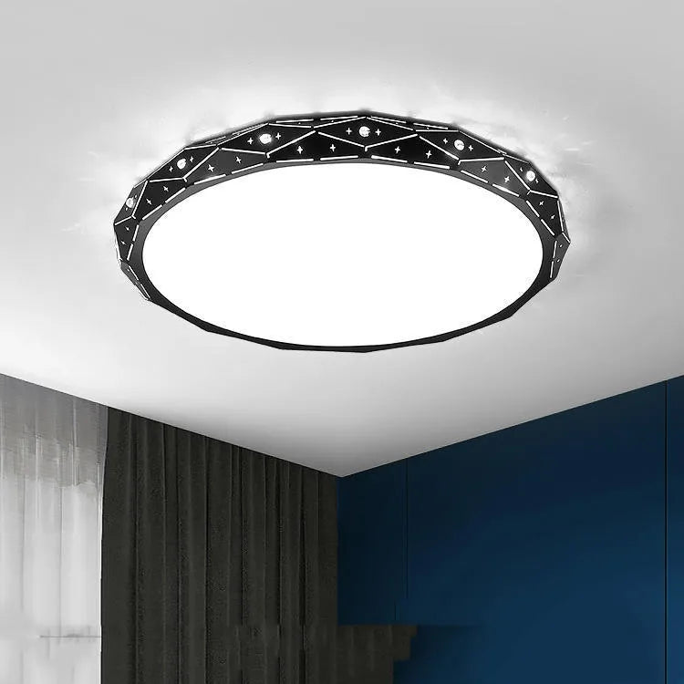 Round black iron frame LED ceiling light with dimming control on a white ceiling