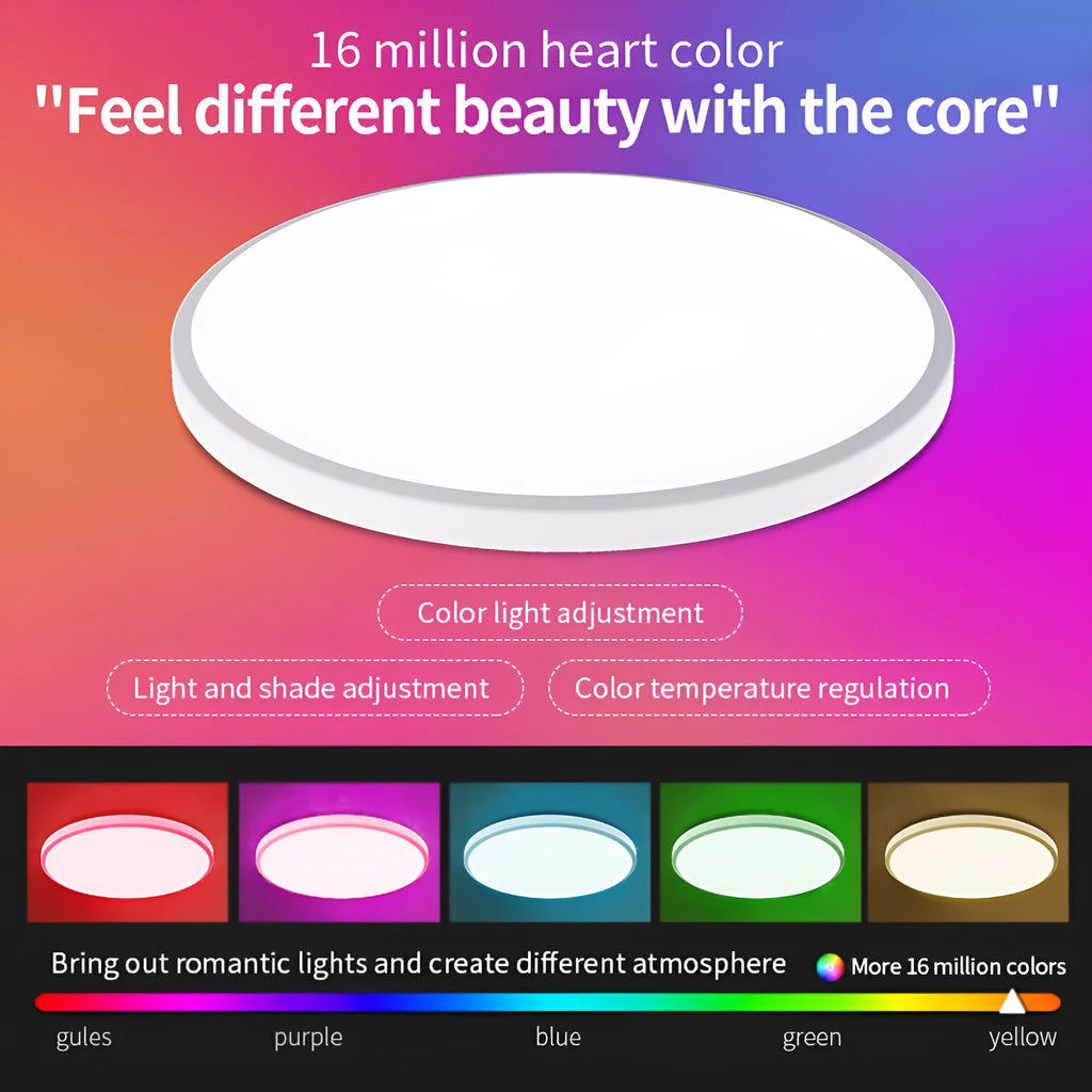 Black or white RGBCW Bluetooth ceiling lamp with 300mm diameter showing full colour dimming and stepless colour temperature control