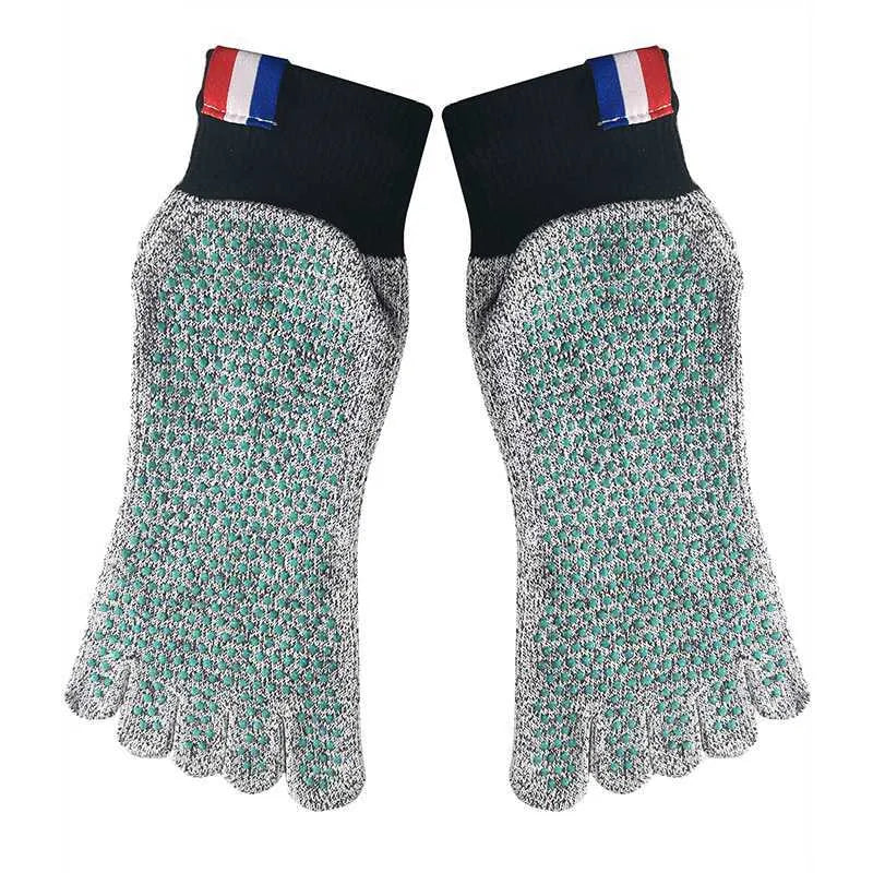Grey five-toe cut-resistant anti-slip beach socks with non-slip silica gel sole against a neutral background