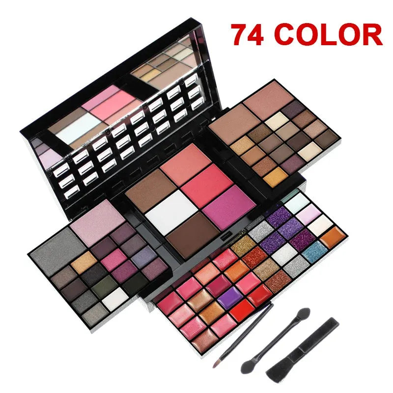 74 colour makeup palette with four layers, a mirror, and included brushes for eyeshadow, lip, and contour.