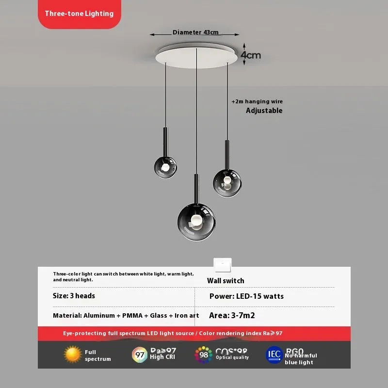 High-grade glass chandelier three-head rotating staircase long ceiling light shiny black finish LED three colour white light