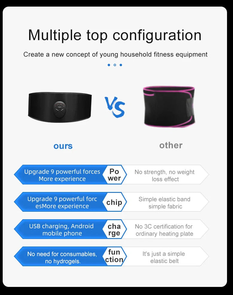 Black adjustable slimming belt with abdominal massage stick showing 110cm length and vibration controls