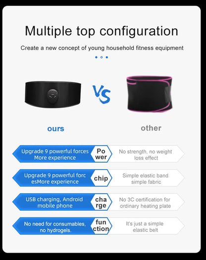 Black adjustable slimming belt with abdominal massage stick showing 110cm length and vibration controls