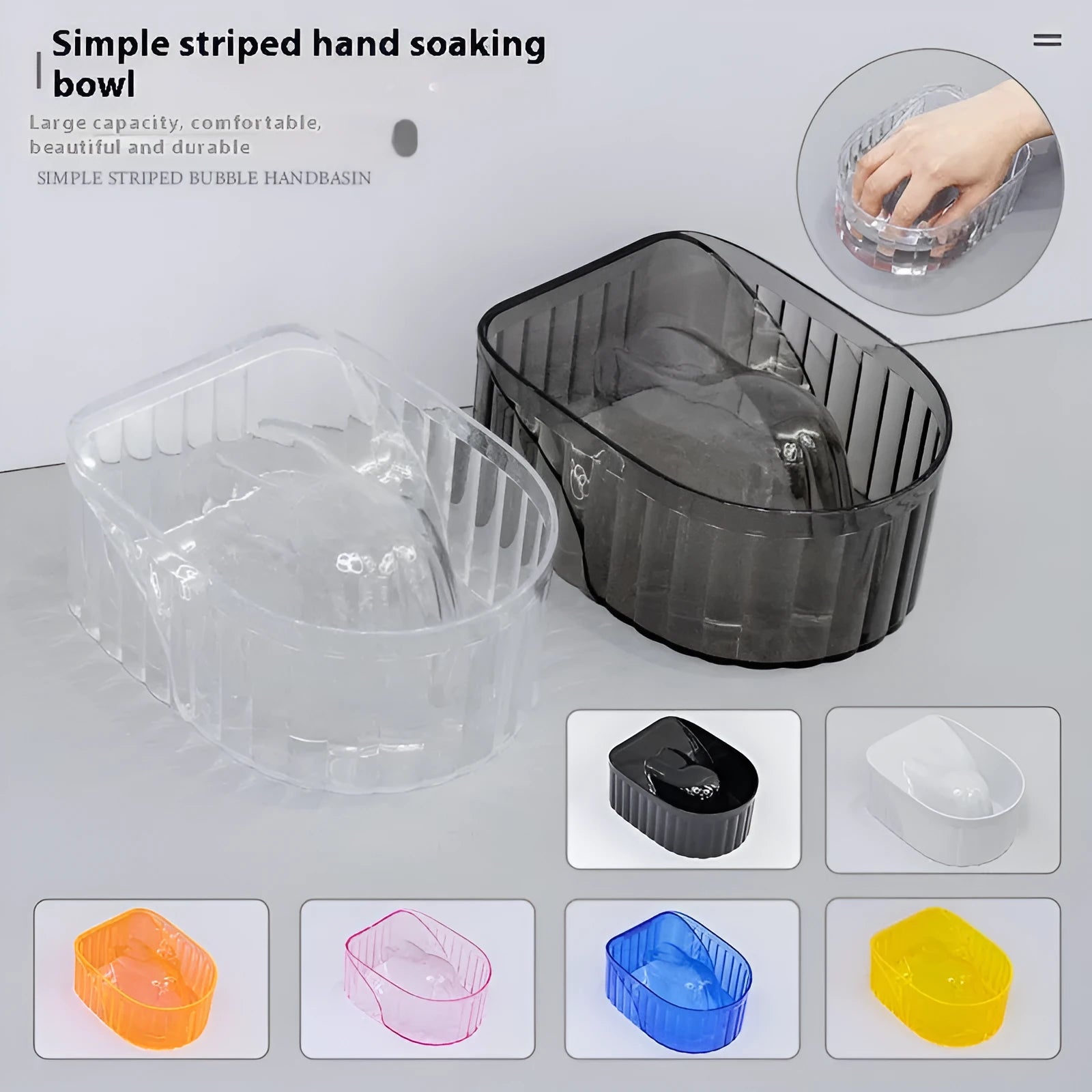 Plastic manicure bowl in transparent colour for nail soaking on white background