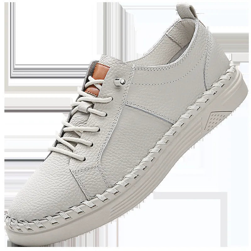 Men's beige and black casual sneakers made from first layer cowhide with mesh lining