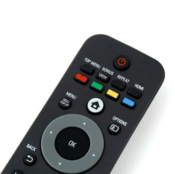 Black plastic universal remote control for Philips Blu-ray disc player, 18.5cm long