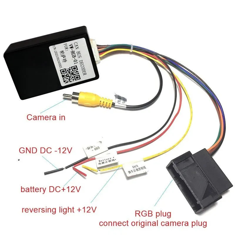 Black car camera conversion box for MIB systems in Volkswagen and Skoda vehicles