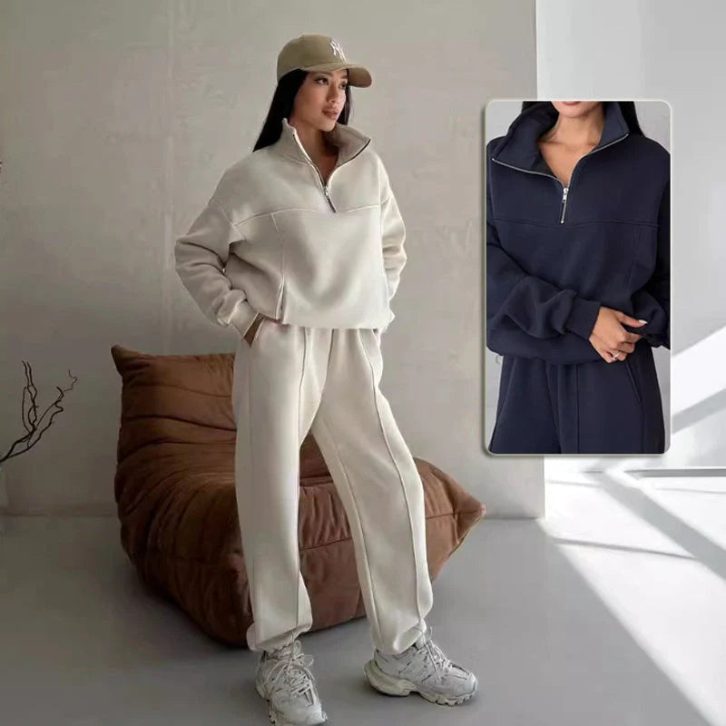 Y2K Winter Jogging Women Two Piece Set in apricot and navy blue, sizes S to XL