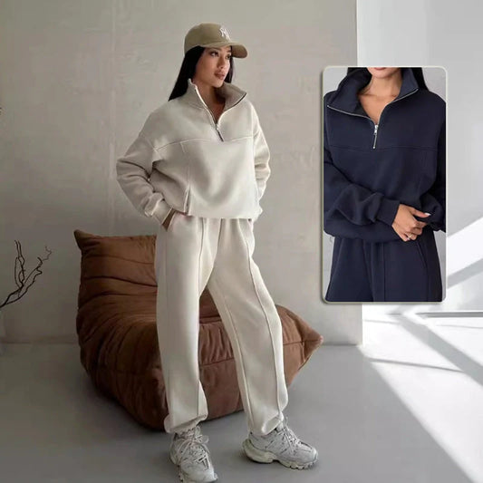 Y2K Winter Jogging Women Two Piece Set in apricot and navy blue, sizes S to XL