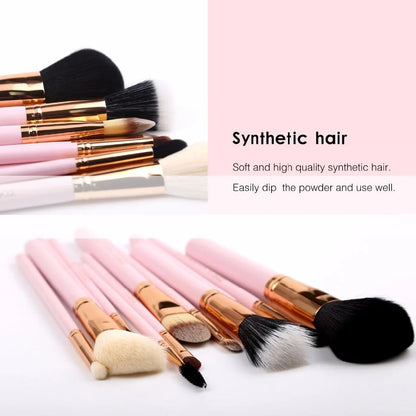 12 synthetic makeup brushes with aluminium handles and wooden accents in cosmetic case